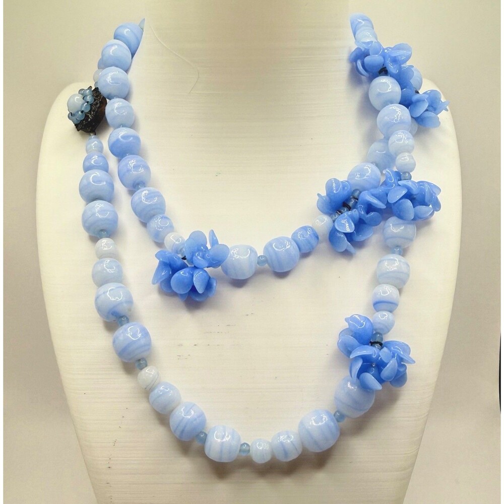 Miriam Haskell Blue Glass Bellflower Pâte de Verre Necklace Signed 30” Vintage